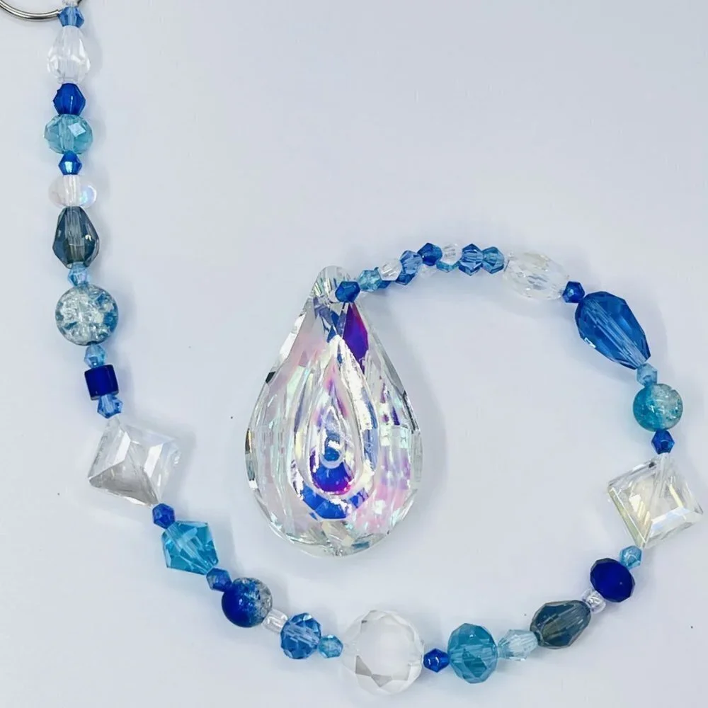 Blue Beaded Suncatcher - Clear Crystal Prism - Indoor Outdoor Hanging Decor
